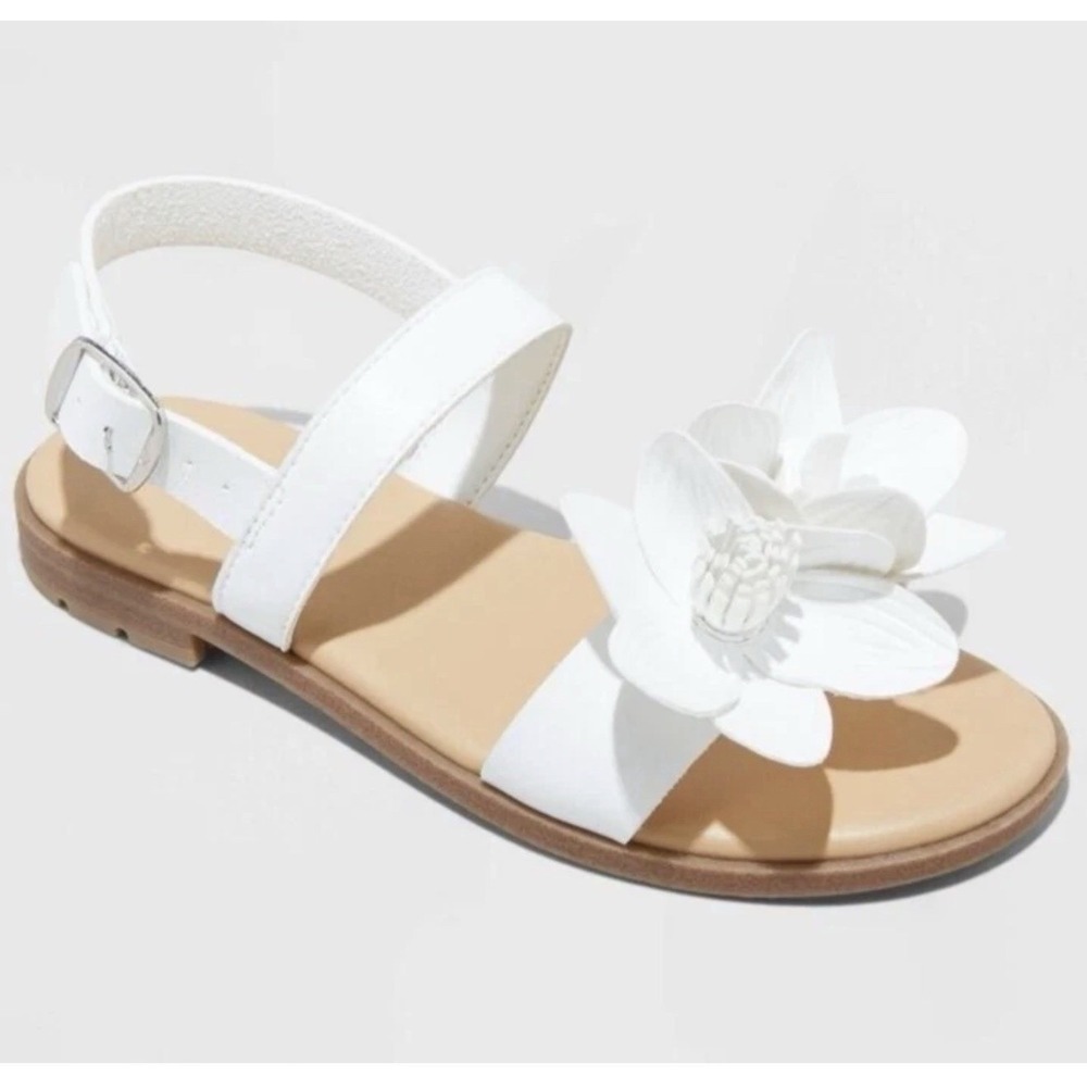 Cat & Jack Girls White Flower Sandals Buckle Strap Summer Dress Wedding Shoes
